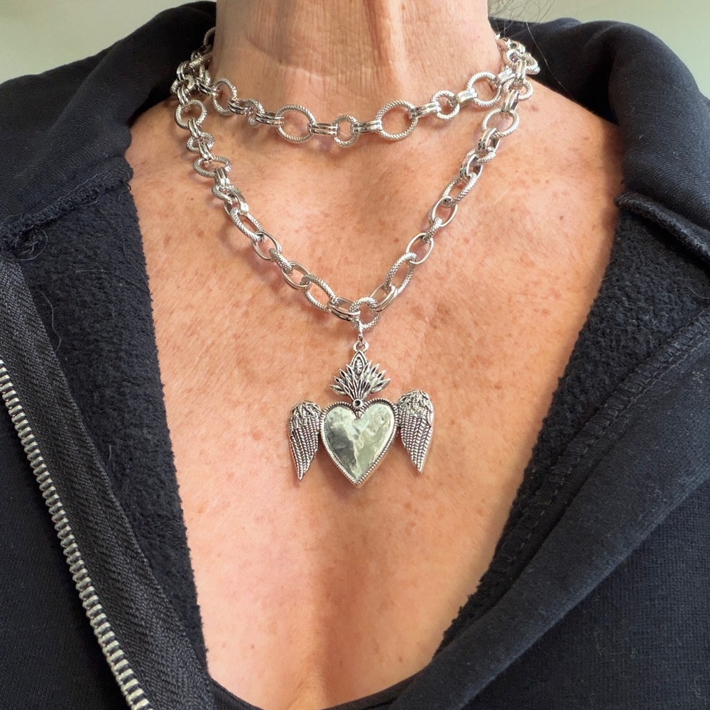 Silver Heart Wing Pendant Necklace